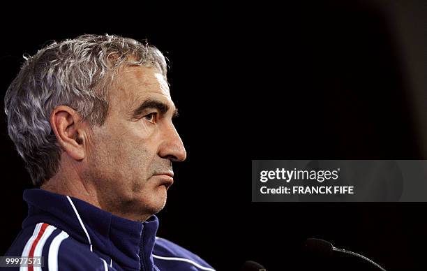 French national football team coach Raymond Domenech gives a press conference in Tignes, French Alps on May 18, 2010. The team will be starting in...