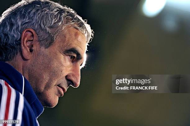 French national football team coach Raymond Domenech gives a press conference in Tignes, French Alps on May 18, 2010. The team will be starting in...