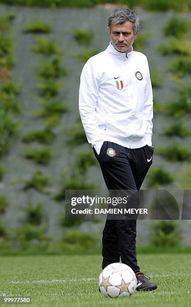 Inter Milan's Portuguese coach Jose Mourinho attends a training session of his team at the Inter Milan training center in Appiano Gentile on May 18,...