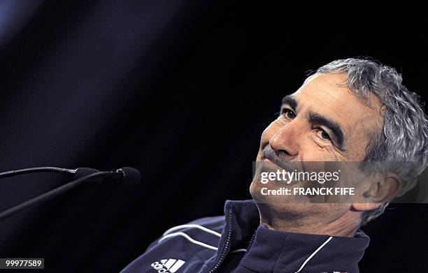 French national football team coach Raymond Domenech gives a press conference in Tignes, French Alps on May 18, 2010. The team will be starting in...