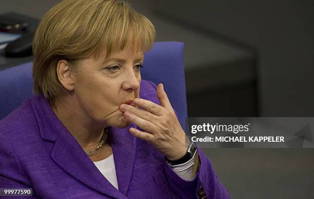 German Chancellor Angela Merkel takes part in a session at the Bundestag on May 19, 2010 in Berlin. Merkel called for a radical overhaul of Europe's...