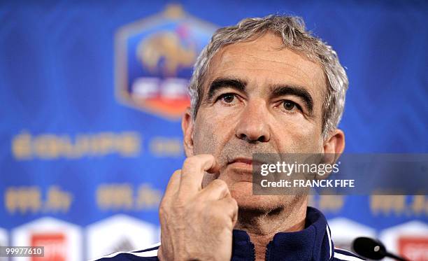 French national football team coach Raymond Domenech gives a press conference in Tignes, French Alps on May 18, 2010. The team will be starting in...