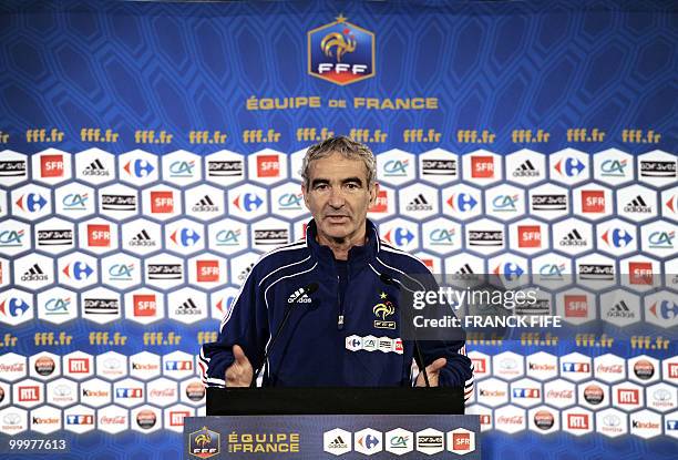 French national football team coach Raymond Domenech gives a press conference in Tignes, French Alps on May 18, 2010. The team will be starting in...