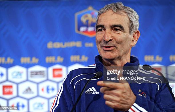 French national football team coach Raymond Domenech gives a press conference in Tignes, French Alps on May 18, 2010. The team will be starting in...