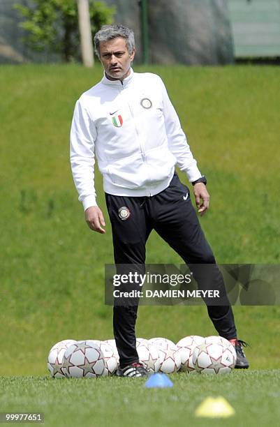 Inter Milan's Portuguese coach Jose Mourinho attends a training session of his team at the Inter Milan training center in Appiano Gentile on May 18,...