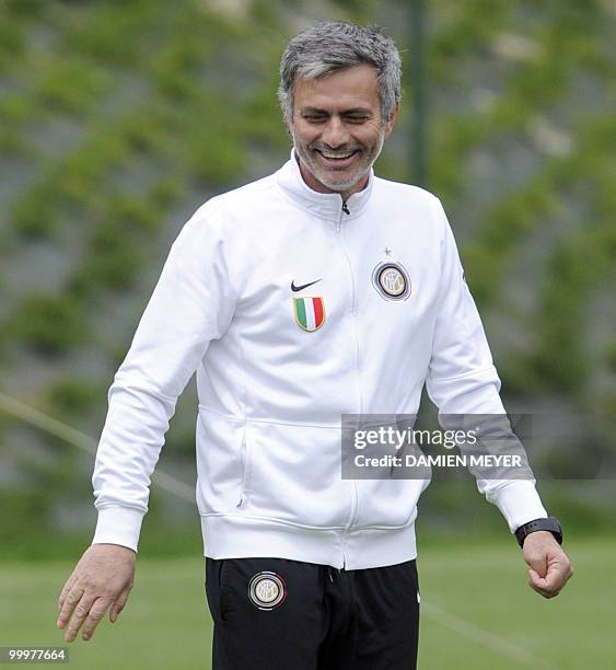 Inter Milan's Portuguese coach Jose Mourinho attends a training session of his team at the Inter Milan training center in Appiano Gentile on May 18,...