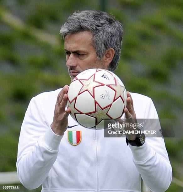 Inter Milan's Portuguese coach Jose Mourinho attends a training session of his team at the Inter Milan training center in Appiano Gentile on May 18,...