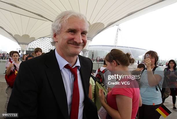 Former German football player Rudi Voeller, who is now manager of Bayer 04 Leverkusen, visits the World Expo Park at the national day of Germany...