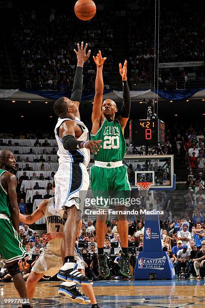 Ray Allen of the Boston Celtics shoots against Dwight Howard of the Orlando Magic in Game Two of the Eastern Conference Finals during the 2010 NBA...