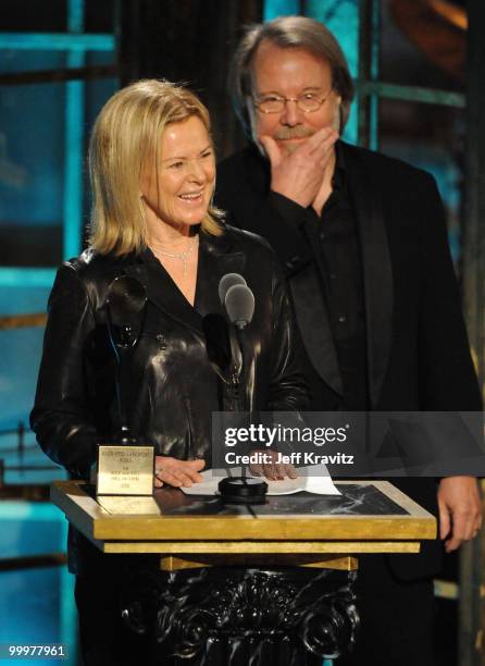 Musucians Anni-Frid Prinsessan Reuss and Benny Andersson of ABBA speak onstage at the 25th Annual Rock and Roll Hall of Fame Induction Ceremony at...