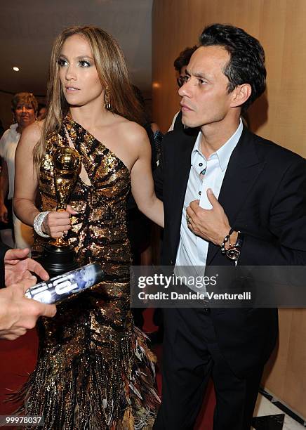 Singer Jennifer Lopez and husband Marc Anthony backstage during the World Music Awards 2010 at the Sporting Club on May 18, 2010 in Monte Carlo,...