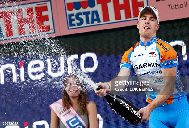 Tyler Farrar celebrates on the podium after winning the tenth stage of the 93rd Giro d'Italia going from Avellino to Bitonto in victory on May 18,...