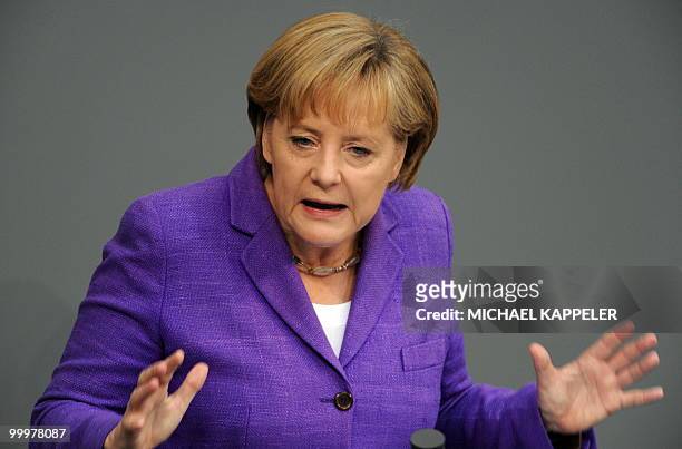 German Chancellor Angela Merkel gives a speech at the Bundestag on May 19, 2010 in Berlin. Merkel called for a radical overhaul of Europe's fiscal...