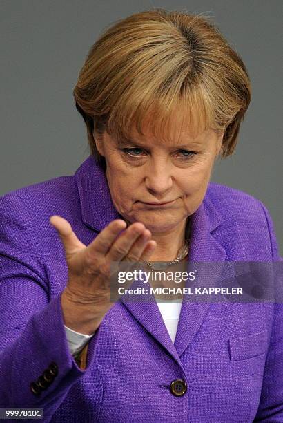 German Chancellor Angela Merkel gives a speech at the Bundestag on May 19, 2010 in Berlin. Merkel called for a radical overhaul of Europe's fiscal...