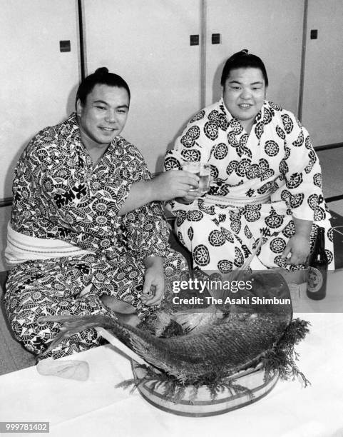 Yokozuna Chiyonofuji celebrates winning the tournament after day fifteen of the Grand Sumo Autumn Tournament with Ozeki Hokutoumi at Kokonoe Stable...
