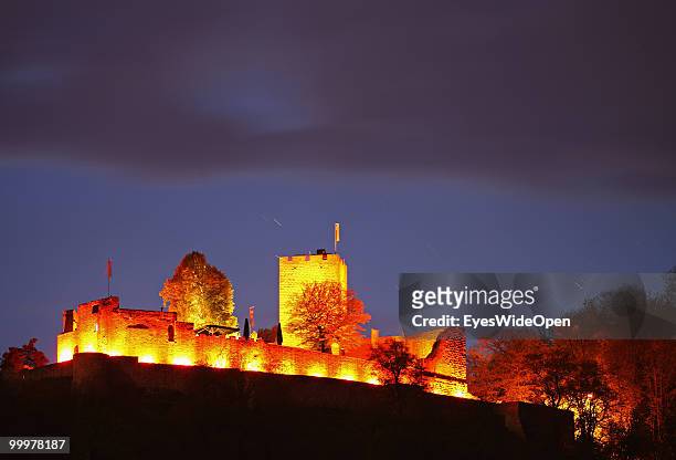 The famous Castle Landau illuminated on a hill on April 25, 2010 in Klingenmuenster, Germany. The castle was built in the 12th century by the staufer...
