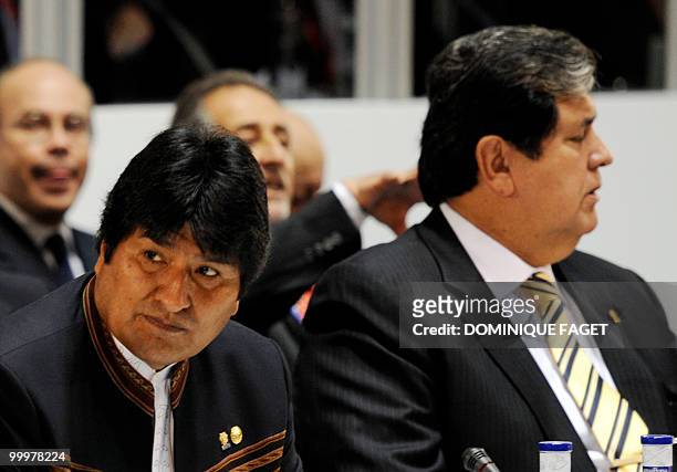 Bolivia's President Evo Morales and Peru's President Alan Garcia attend a meeting of the Andean Community summit on May 19, 2010 in Madrid. European...