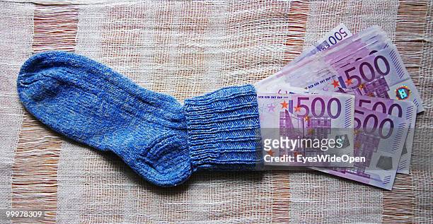 Sock with 500 Euro banknotes. On May 09, 2010 in Munich, Germany.