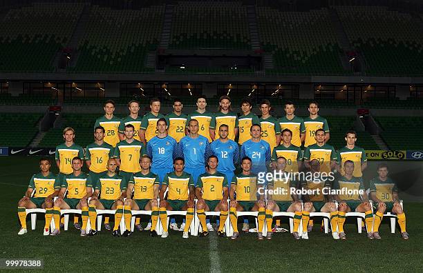 The Australian team pose for a team photo during an Australian Socceroos training session at AAMI Park on May 19, 2010 in Melbourne, Australia.