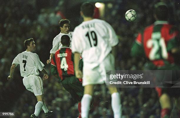 Harry Kewell of Leeds heads to score the second goal during the Leeds United v Maritimo UEFA Cup First Round, Second Leg match at Elland Road, Leeds....