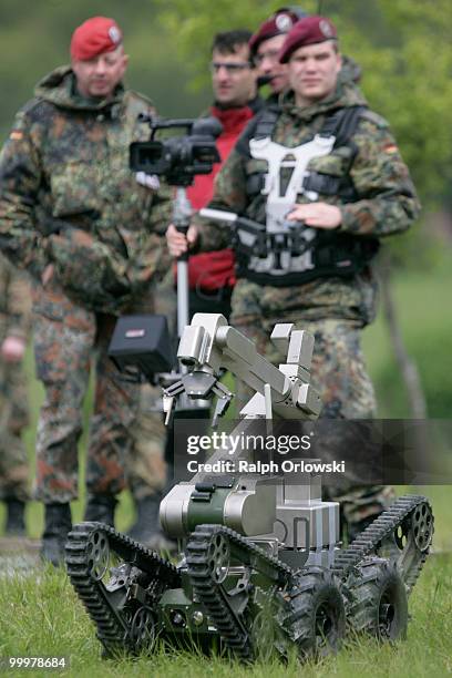 The land-robot "teleMAX" of German company telerob drives during a trial at the German army base on May 18, 2010 in Hammelburg, Germany. ELROB...