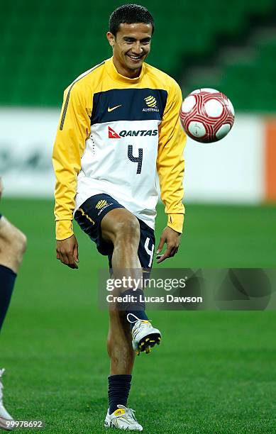 Tim Cahill of the Socceroos controls the ball during an Australian Socceroos training session at AAMI Park on May 19, 2010 in Melbourne, Australia.