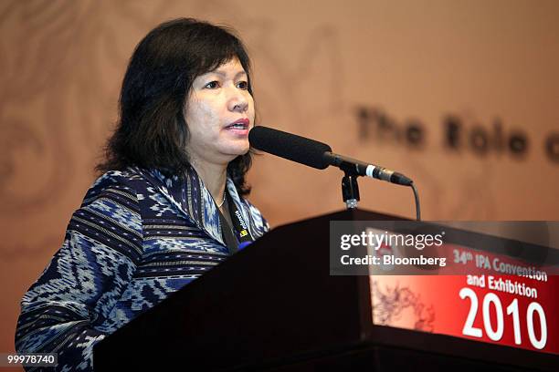 Karen Agustiawan, president director and chief executive officer of PT Pertamina, speaks at the 34th Annual IPA Convention & Exhibition, in Jakarta,...