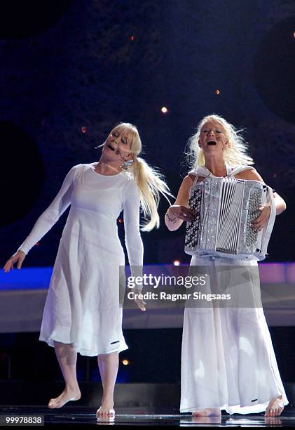 Johanna Virtanen and Susan Aho of Kuunkuiskaajat perform at the open rehearsal at the Telenor Arena on May 16, 2010 in Oslo, Norway. 39 countries...