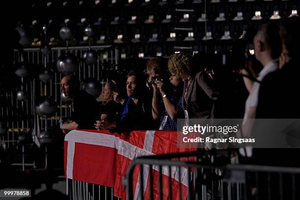 Danish fans watch Chanee & N'evergreen during the open rehearsal at the Telenor Arena on May 18, 2010 in Oslo, Norway. In all, 39 countries will take...