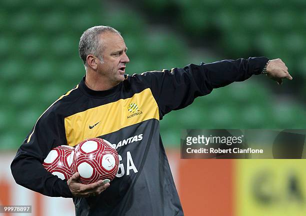 Australian assistant coach Graham Arnold gestures during an Australian Socceroos training session at AAMI Park on May 19, 2010 in Melbourne,...