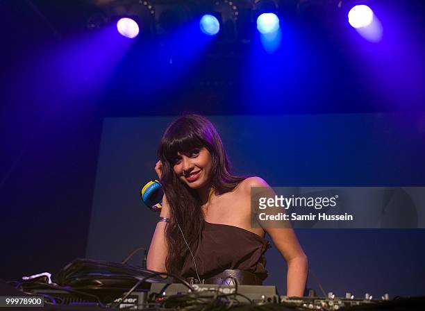 Jameela Jamil DJs at the Swatch & Art Collection launch party at London Bridge on May 6, 2010 in London, England.