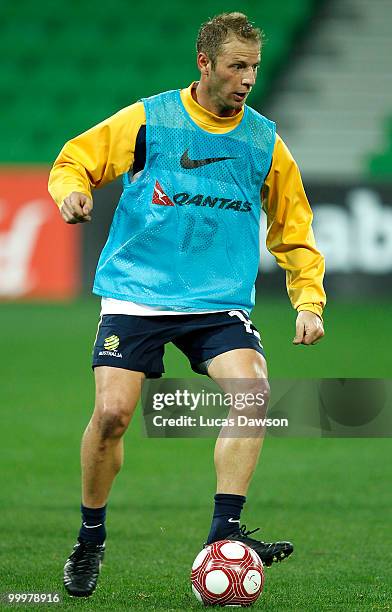 Vincenzo Grella of the Socceroos controls the ball during an Australian Socceroos training session at AAMI Park on May 19, 2010 in Melbourne,...