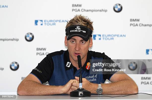 Ian Poulter of England answers questions from the media at a press conference during the Pro-Am round prior to the BMW PGA Championship on the West...