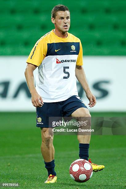 Jason Culina of the Socceroos controls the ball during an Australian Socceroos training session at AAMI Park on May 19, 2010 in Melbourne, Australia.