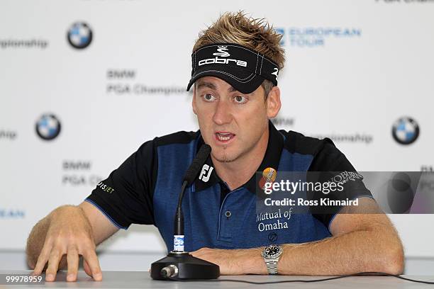 Ian Poulter of England answers questions from the media at a press conference during the Pro-Am round prior to the BMW PGA Championship on the West...