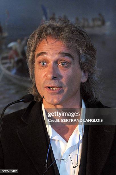 French artist and sailor Titouan Lamazou gives a speech on May 18, 2010 during the the Jules Verne Trophy award ceremony held at the National Marine...