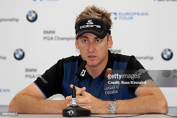 Ian Poulter of England answers questions from the media at a press conference during the Pro-Am round prior to the BMW PGA Championship on the West...