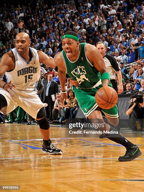 Paul Pierce of the Boston Celtics drives towards the basket past Vince Carter of the Orlando Magic in Game Two of the Eastern Conference Finals...