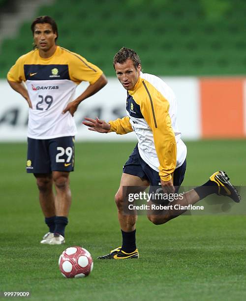 Lucas Neill of Australia controls the ball during an Australian Socceroos training session at AAMI Park on May 19, 2010 in Melbourne, Australia.