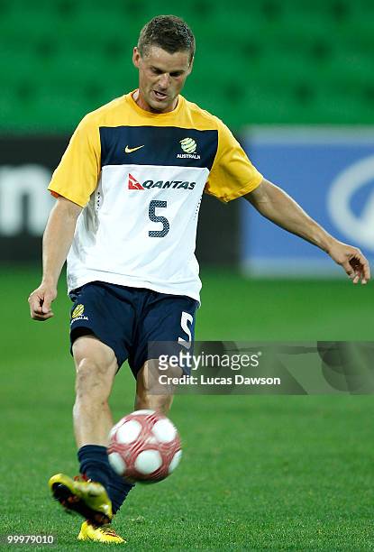 Jason Culina of the Socceroos kicks the ball during an Australian Socceroos training session at AAMI Park on May 19, 2010 in Melbourne, Australia.