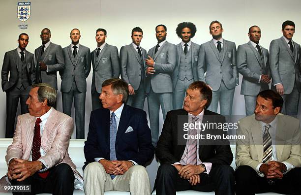 Sir Geoff Hurst, Martin Peters, Roger Hunt and Gordon Banks during the Marks and Spencer England World Cup Suit Launch on May 19, 2010 in London,...