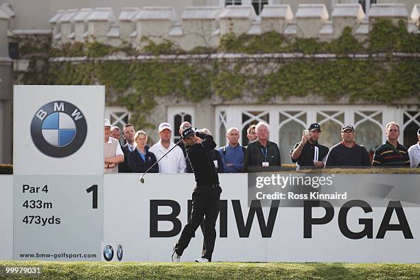 Padraig Harrington of Ireland tees off at the 1st hole during the Pro-Am round prior to the BMW PGA Championship on the West Course at Wentworth on...