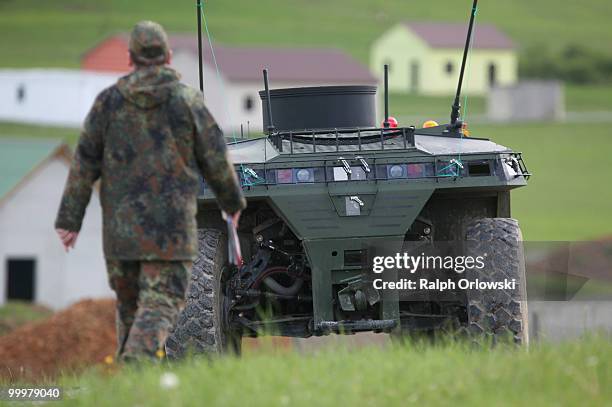 The land-robot "Gecko" of German company Base Ten drives during a trial at the German army base on May 18, 2010 in Hammelburg, Germany. ELROB...