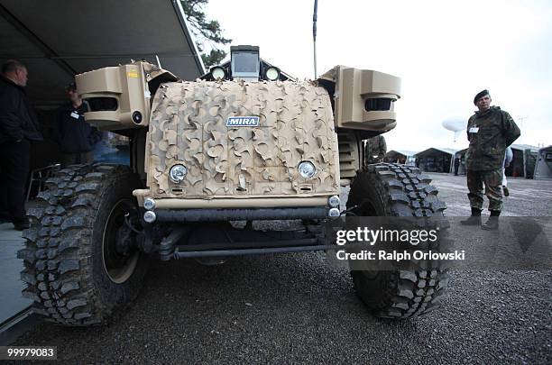 The land-robot "MACE 2" of British company Mira stands at an exibition during a trial at the German army base on May 18, 2010 in Hammelburg, Germany....