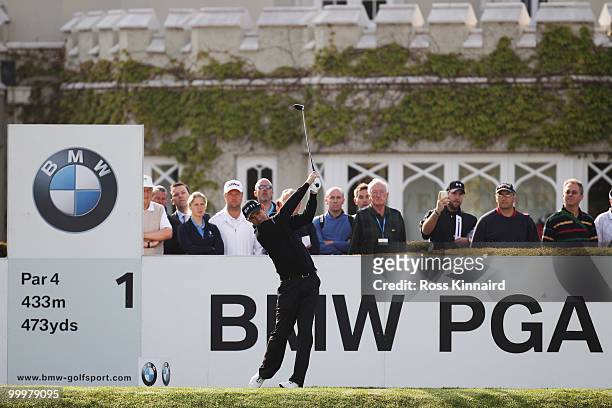 Padraig Harrington of Ireland tees off at the 1st hole during the Pro-Am round prior to the BMW PGA Championship on the West Course at Wentworth on...