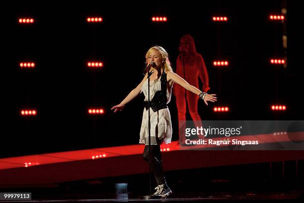 Anna Bergendahl of Sweden performs at the open rehearsal at the Telenor Arena on May 18, 2010 in Oslo, Norway. 39 countries will take part in the...
