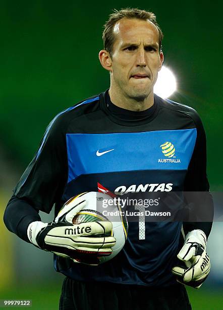 Mark Schwarzer of the Socceroos warms up during an Australian Socceroos training session at AAMI Park on May 19, 2010 in Melbourne, Australia.