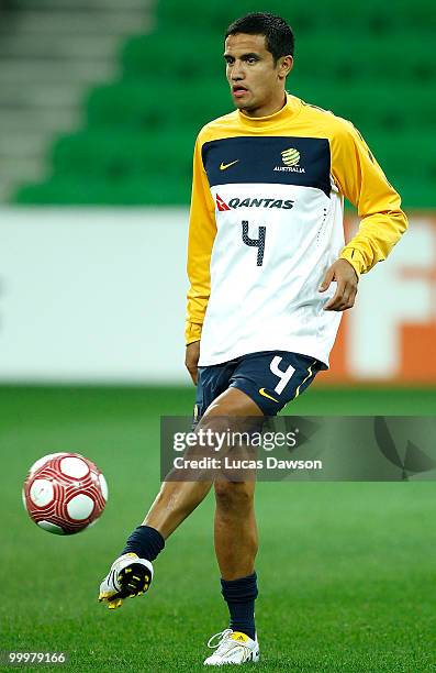 Tim Cahill of the Socceroos kicks the ball during an Australian Socceroos training session at AAMI Park on May 19, 2010 in Melbourne, Australia.