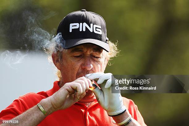 Miguel Angel Jimenez of Spain takes break during the Pro-Am round prior to the BMW PGA Championship on the West Course at Wentworth on May 19, 2010...