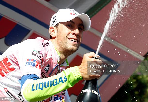 Italian Vincenzo Nibali of Liquigas celebrates retaining the pink jersey of leader on the podium of the sixth stage of the 93rd Giro d'Italia going...